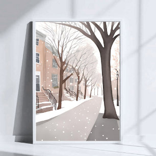 Brownstone Street   Snowy Winter Watercolor Art Poster