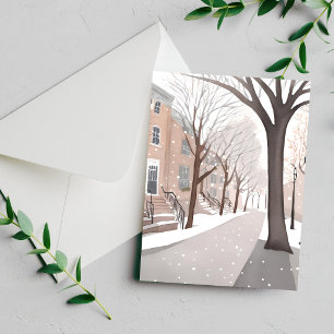 Brownstone Street   Snowy Winter Watercolor Card