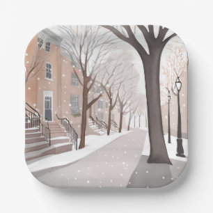 Brownstone Street Snowy Winter Watercolor Paper Plate