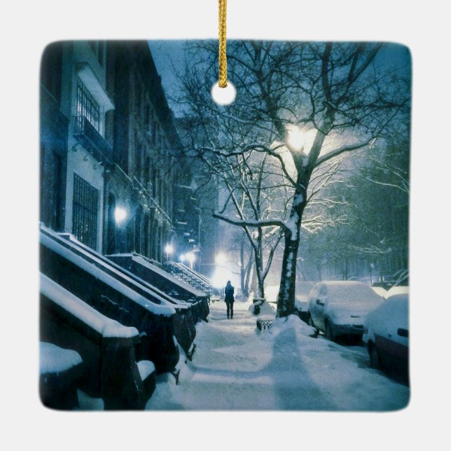 Brownstones Blanketed In Snow Ceramic Ornament (Back)