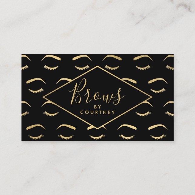 Brows and Lashes Pattern Black/Gold Business Card (Front)