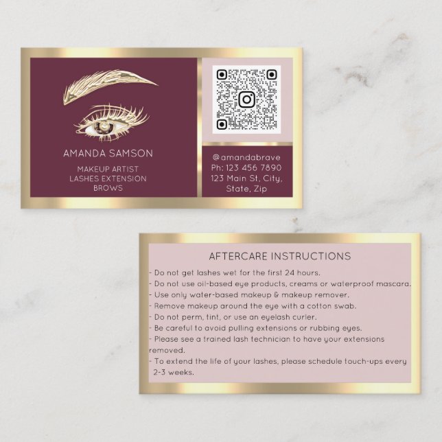Brows Eyelash Microblade Qr Code Aftercare Rose Business Card (Front/Back)