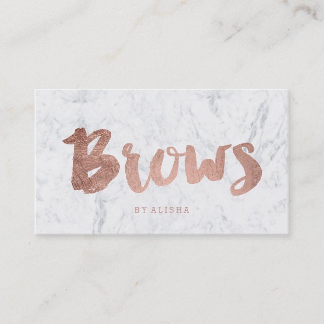 Brows modern faux rose gold typography marble appointment card (Front)