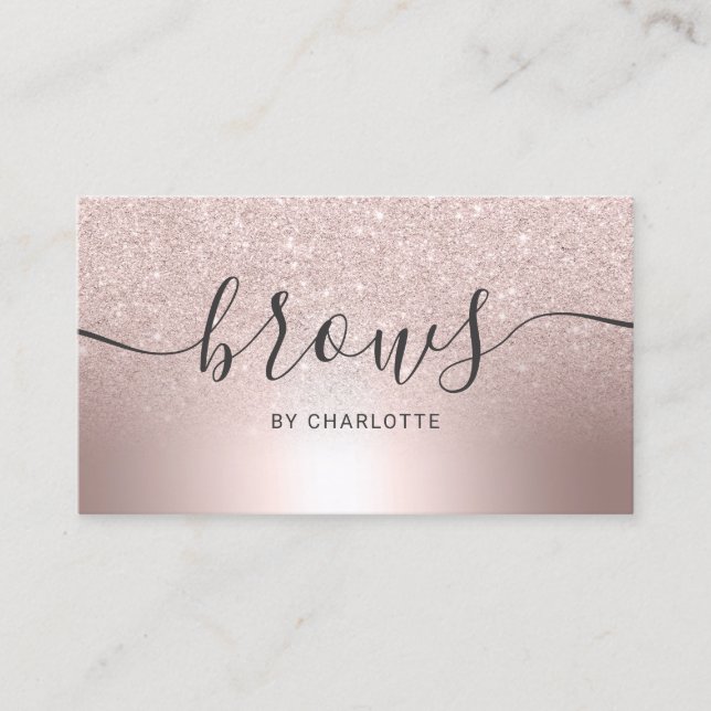 Brows script font rose gold glitter metallic foil business card (Front)