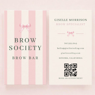 Brows Specialist Pink Green Striped Bow QR Code Business Card
