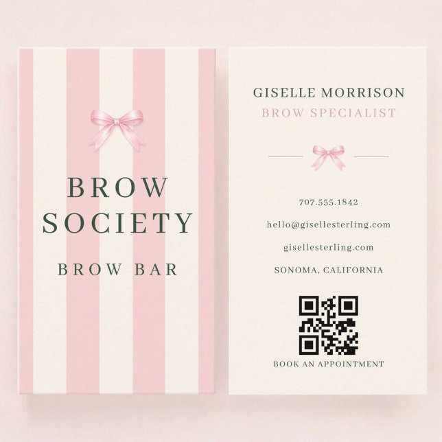 Brows Specialist Pink Green Striped Bow QR Code Business Card (Creator Uploaded)