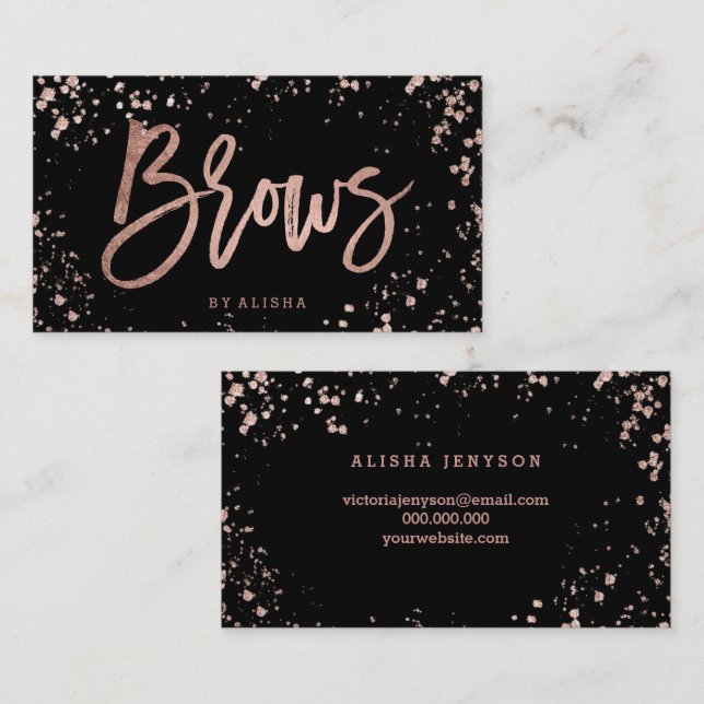 Brows typography rose gold confetti splatters business card (Front/Back)