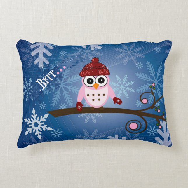 Brrr...Pink Owl, Snowflake Design Accent Pillow (Front)