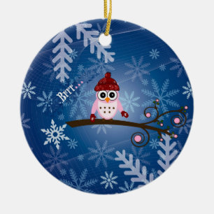 Brrr...Pink Owl, Snowflake Design Ceramic Ornament