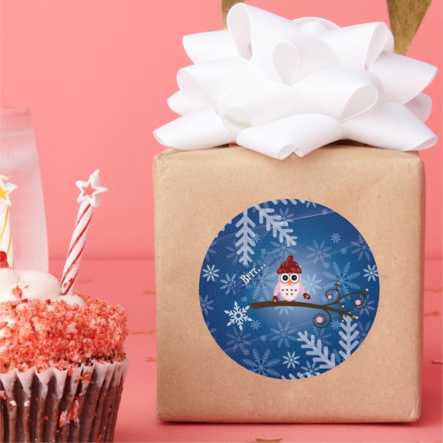 Brrr...Pink Owl, Snowflake Design, Classic Round Sticker (Party)