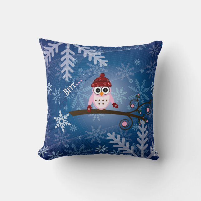 Brrr...Pink Owl, Snowflake Design Throw Pillow (Front)