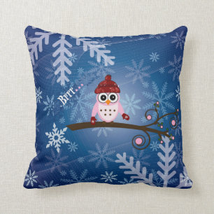 Brrr...Pink Owl, Snowflake Design Throw Pillow