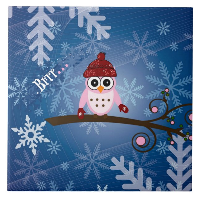 Brrr...Pink Owl, Snowflake Design, Tile (Front)
