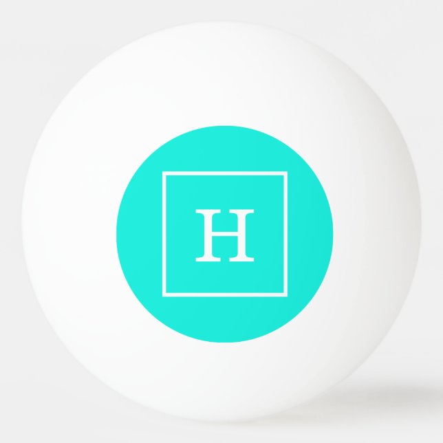 Brt Aqua Turquoise White Framed Initial Monogram Ping Pong Ball (Front)
