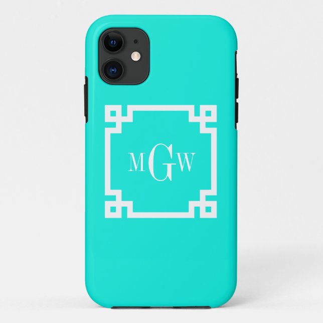 Brt Aqua Wht Greek Key #2 Framed 3 Init Monogram Case-Mate iPhone Case (Back)