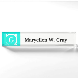 Brt Aqua Wht Greek Key #2 Framed Initial Monogram Nameplate
