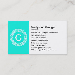 Brt Aqua Wht Greek Key Rnd Frame Initial Monogram Business Card