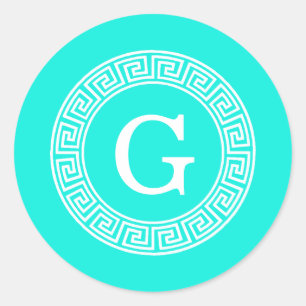 Brt Aqua Wht Greek Key Rnd Frame Initial Monogram Classic Round Sticker