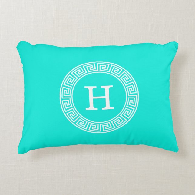 Brt Aqua Wht Greek Key Rnd Frame Initial Monogram Decorative Pillow (Front)