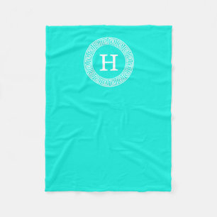Brt Aqua Wht Greek Key Rnd Frame Initial Monogram Fleece Blanket