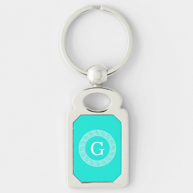 Brt Aqua Wht Greek Key Rnd Frame Initial Monogram Keychain (Front)