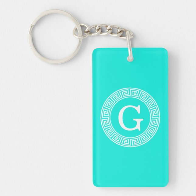Brt Aqua Wht Greek Key Rnd Frame Initial Monogram Keychain (Front)