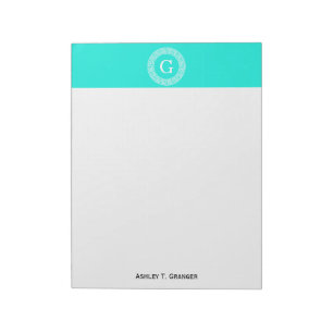 Brt Aqua Wht Greek Key Rnd Frame Initial Monogram Notepad
