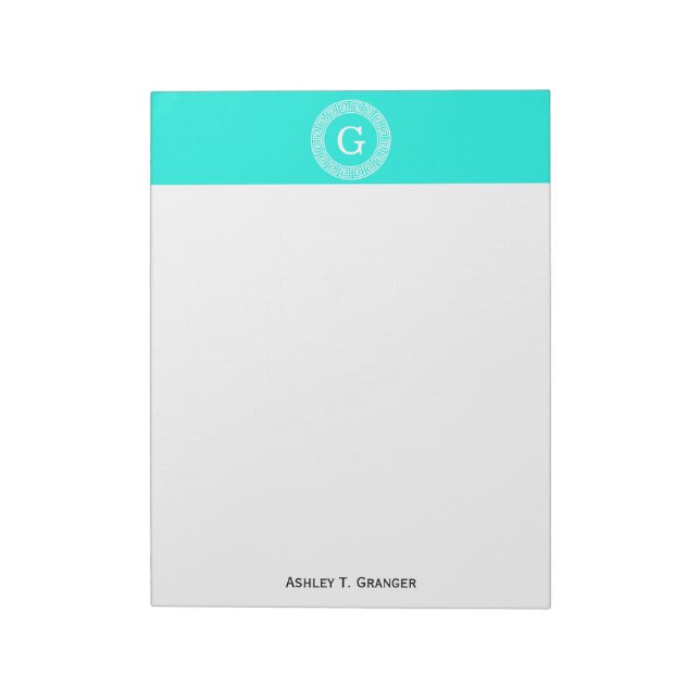 Brt Aqua Wht Greek Key Rnd Frame Initial Monogram Notepad (Rotated)