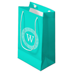 Brt Aqua Wht Greek Key Rnd Frame Initial Monogram Small Gift Bag