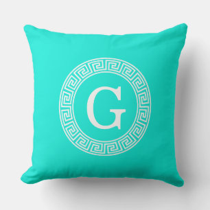 Brt Aqua Wht Greek Key Rnd Frame Initial Monogram Throw Pillow