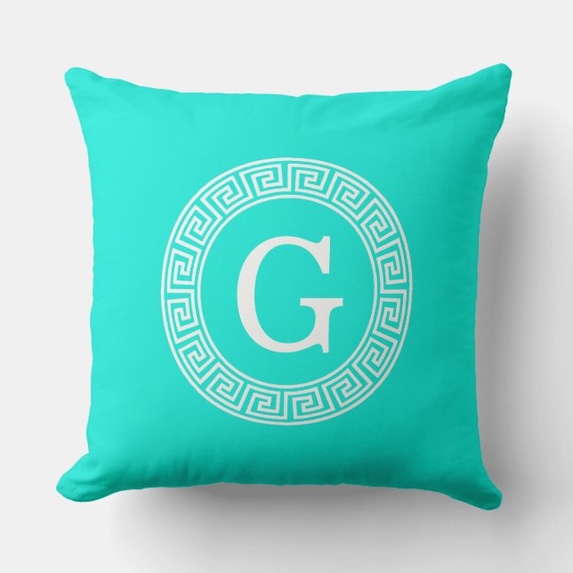 Brt Aqua Wht Greek Key Rnd Frame Initial Monogram Throw Pillow (Front)
