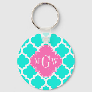 Brt Aqua Wht Moroccan #5 HotPink2 Initial Monogram Keychain