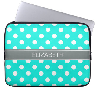 Brt Aqua Wht Polka Dots #2 Charcoal Grey Monogram Laptop Sleeve