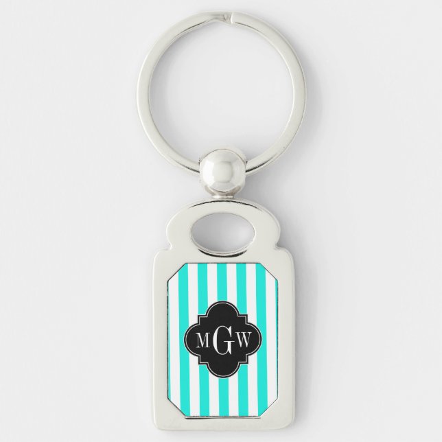 Brt Aqua Wht Stripe Black Quatrefoil 3 Monogram Keychain (Front)