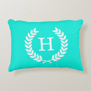 Brt Aqua Wht Wheat Laurel Wreath Initial Monogram Accent Pillow