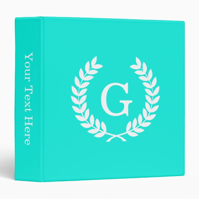 Brt Aqua Wht Wheat Laurel Wreath Initial Monogram Binder (Front/Spine)
