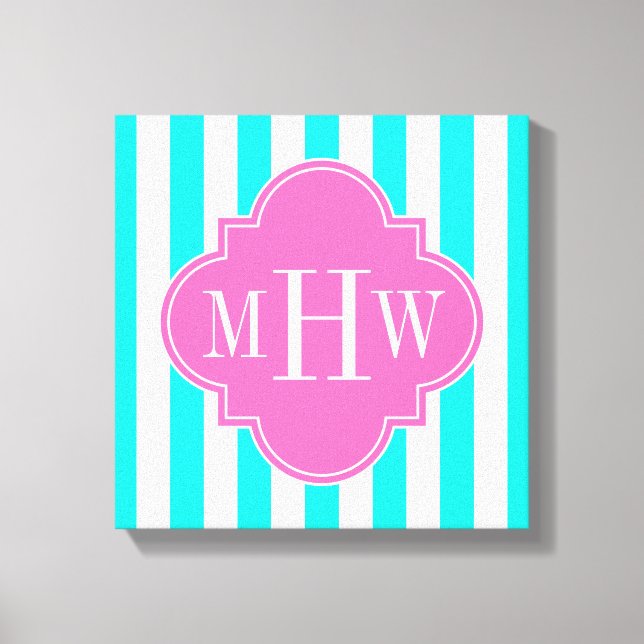 Brt Aqua Wt Stripe HotPink#2 Quatrefoil 3 Monogram Canvas Print (Front)