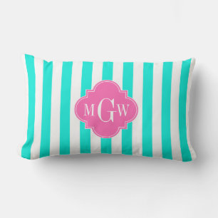 Brt Aqua Wt Stripe HotPink#2 Quatrefoil 3 Monogram Lumbar Pillow