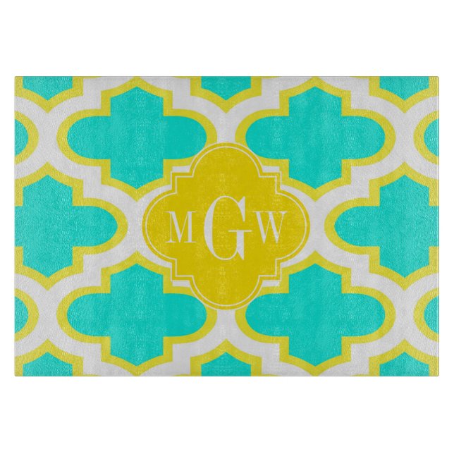 Brt Aqua Yellow Wht Quatrefoil 3 Initial Monogram Cutting Board (Front)