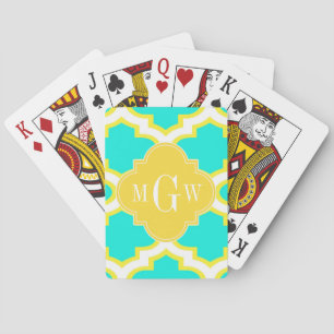 Brt Aqua Yellow Wht Quatrefoil 3 Initial Monogram Playing Cards