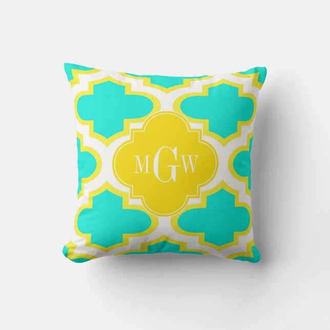 Brt Aqua Yellow Wht Quatrefoil 3 Initial Monogram Throw Pillow (Front)
