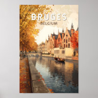 Bruges Belgium Illustration Travel Art Vintage