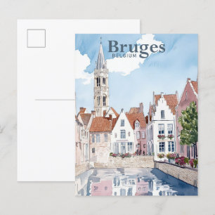 Bruges Belgium Watercolor Painting Travel Postcard