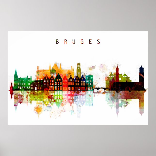 Bruges Belgium Watercolor Skyline Poster (Front)