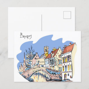 Bruges Canal Belgium Illustration Travel Postcard