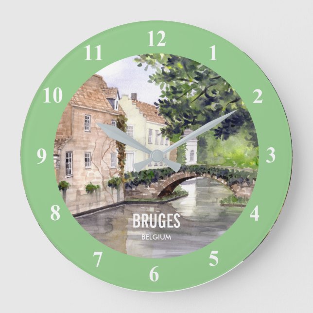 Bruges Watercolor Painting by Farida Greenfield Large Clock (Front)