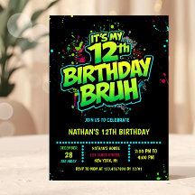 Bruh 12th Birthday Boy Neon Modern Invitation