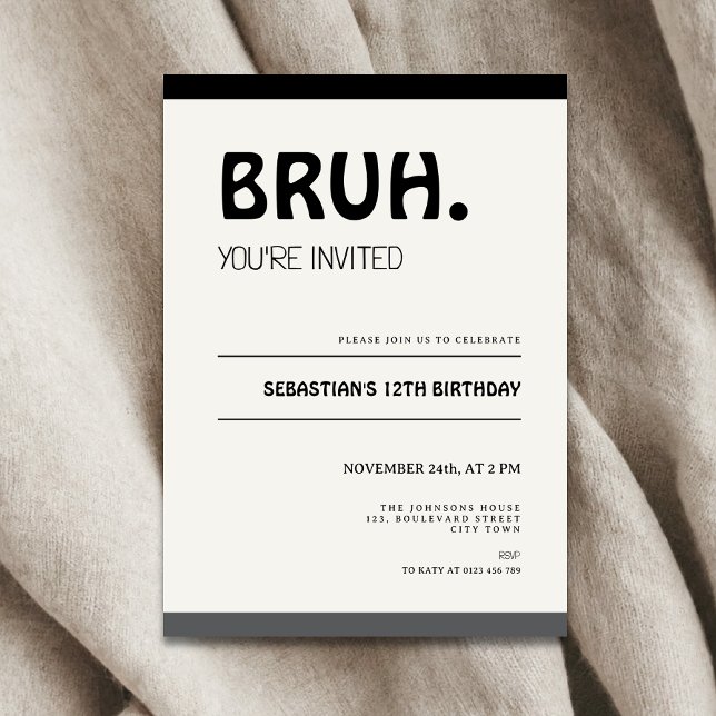 Bruh 12th Birthday Invitation Teens Boy Party (Bruh 12th birthday invitation for boys)