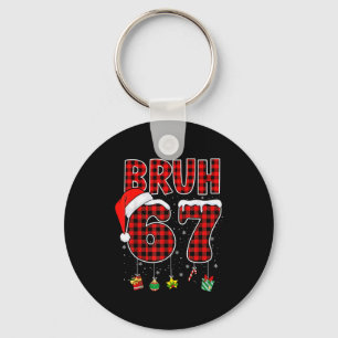 Bruh 67 Six Seven Meme Fun Christmas Red Plaid Xma Keychain