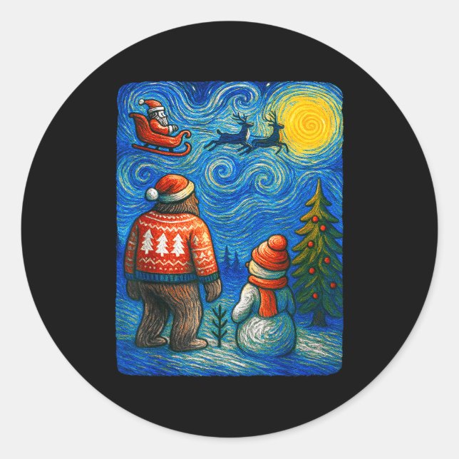 Bruh Bigfoot Snowman Starry Night Christmas Xmas M Classic Round Sticker (Front)